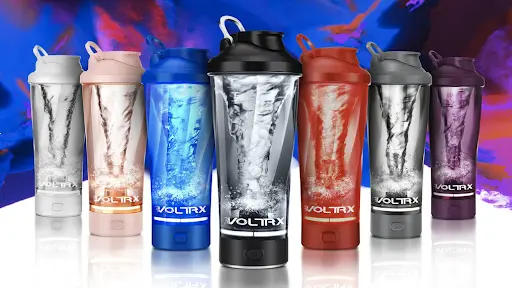 A lineup showcasing the different colour selections of VOLTRX VortexBoost electric shaker bottles