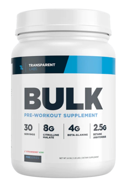 A white tub of BULK pre workout supplement by Transparent Labs