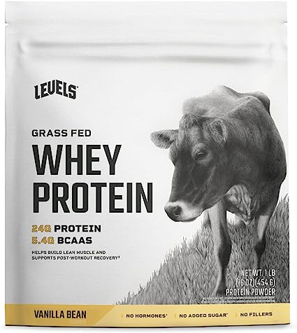 A photo of Levels Grass-Fed Whey Protein. The label has the words "Levels" and "Grass-Fed Whey Protein" in large letters. 