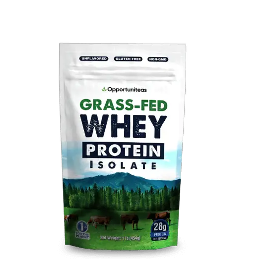 A pouch of Opportuniteas’ Grass-Fed Whey Protein Powder Isolate. The pouch is white with a green and blue label. 