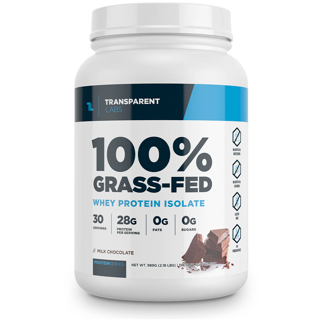 A photo of a tub of Transparent Labs 100% Grass-Fed Whey Protein Isolate. One of the best protein powders without artificial sweeteners