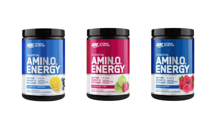 Three tubs of Optimum Nutrition Essential Amin.O. Energy, a pre-workout powder that contains caffeine