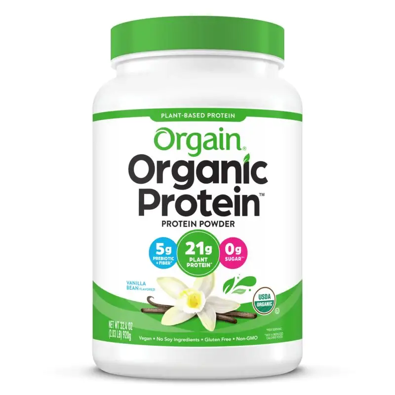 A photo of a tub of Orgain Organic Vegan Protein Powder. The tub is white with a green label. 