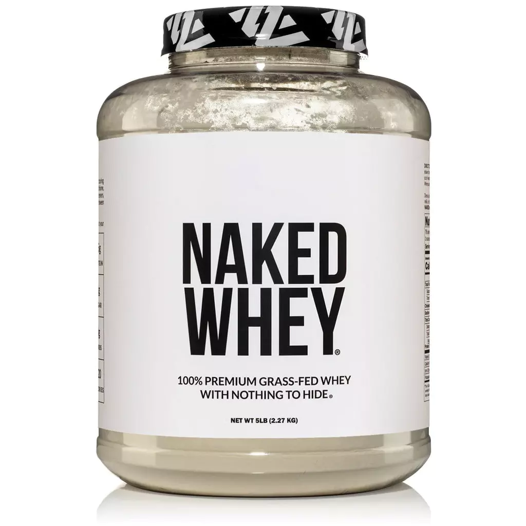 A photo of a tub of Naked Nutrition Grass Fed Whey Protein Powder.