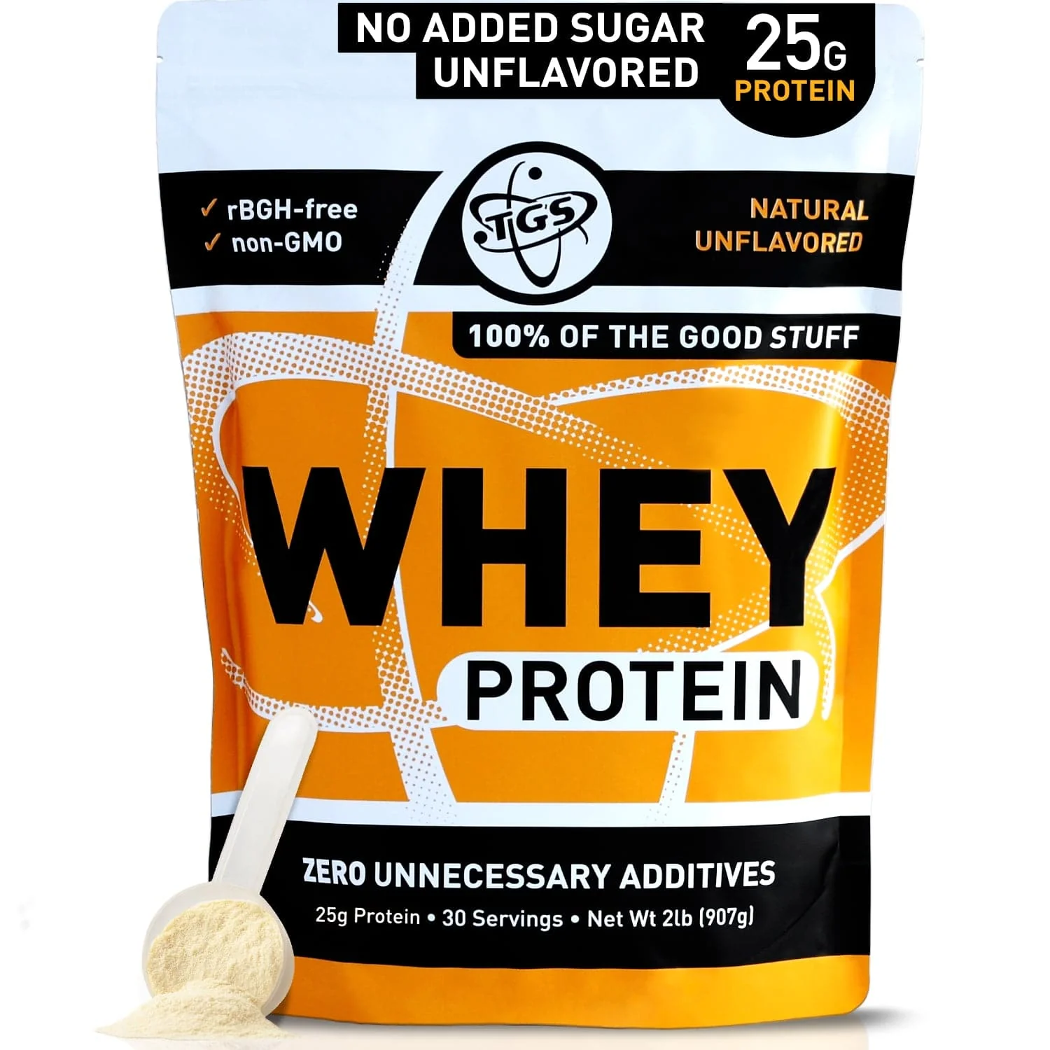 A photo of a pouch of TGS All Natural 100% Whey Protein Powder.