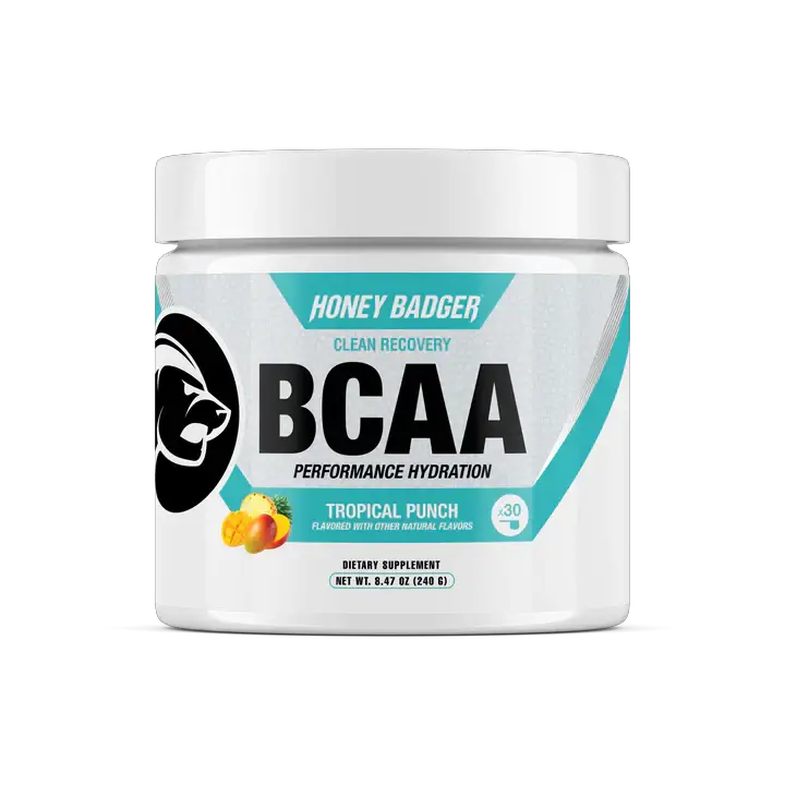 A tub of Honey Badger BCAA Amino Acids Powder