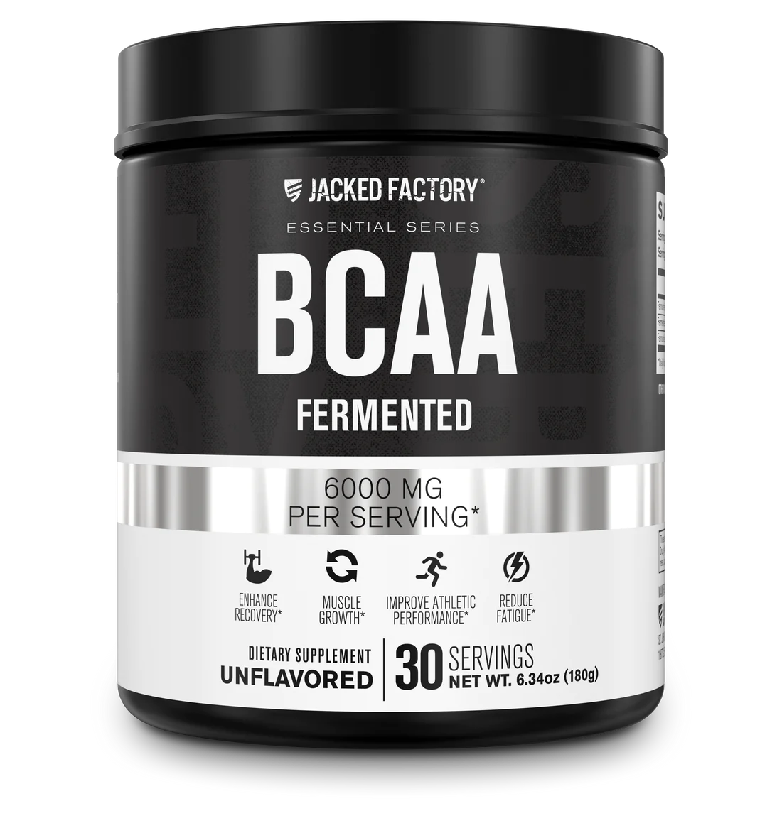 A tub of Jacked Factory Fermented BCAAs. Unflavored Dietary Supplement.