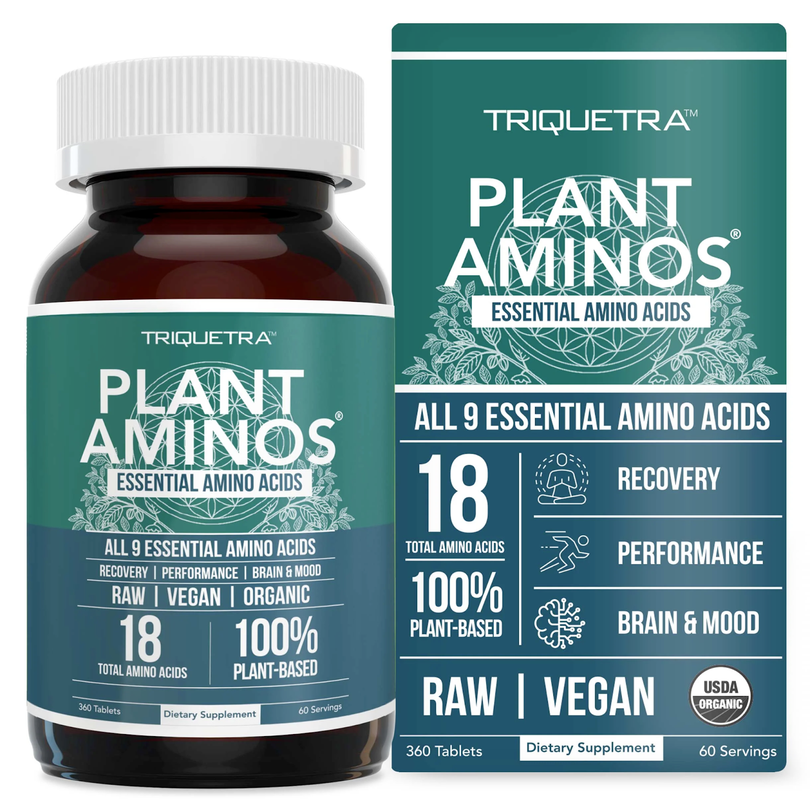 A tub of Triquetra Plant Aminos Organic Essential Amino Acids. 100% plant-based.
