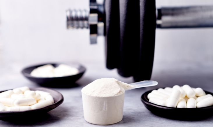 A black and white photo of creatine gummies in a powder scoop, capsule, and barbell.