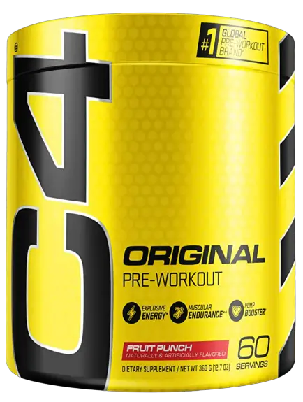 A photo of a Cellucor C4 workout supplement with yellow label.