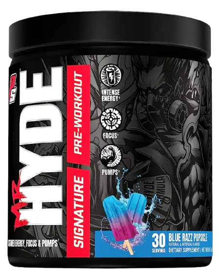 A photo of a Pro Supps Mr. Hyde pre workout supplement tub.