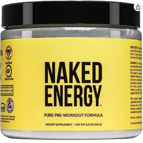 A tub of Naked Energy pre-workout supplement. The label is yellow.