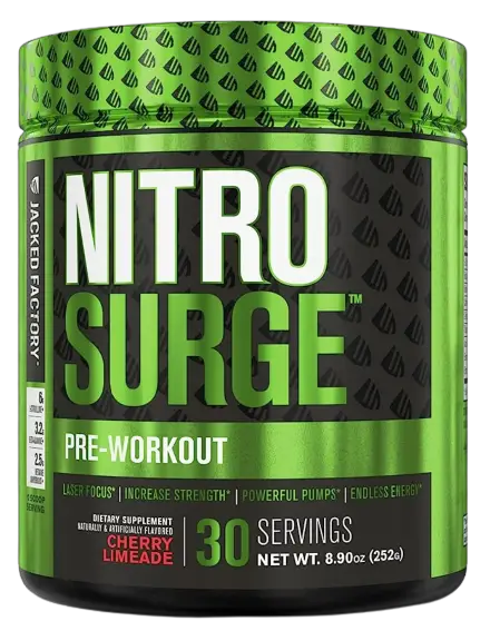 A photo of a Nitro Surge pre-workout supplement tub. 