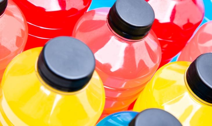 Plastic bottles with colorful electrolyte liquid filled inside