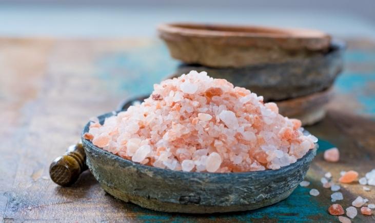 Close-up of Himalayan Pink Salt crystals in a bowl