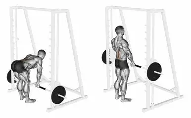 An illustration of a man performing a Smith machine deadlift.