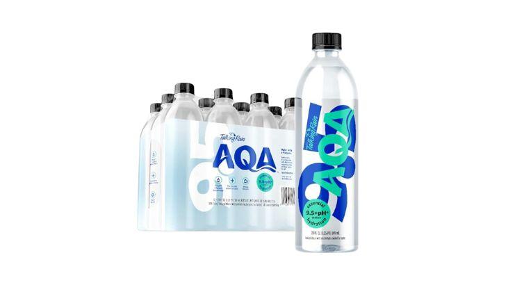 A bottle of Talking Rain AQA Alkaline Ionized Bottled Water, a brand known for its high pH, electrolytes, and minerals.