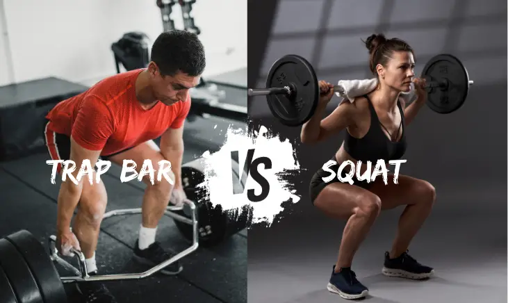 A side-by-side comparison of a man and woman doing trap bar and squat exercises.