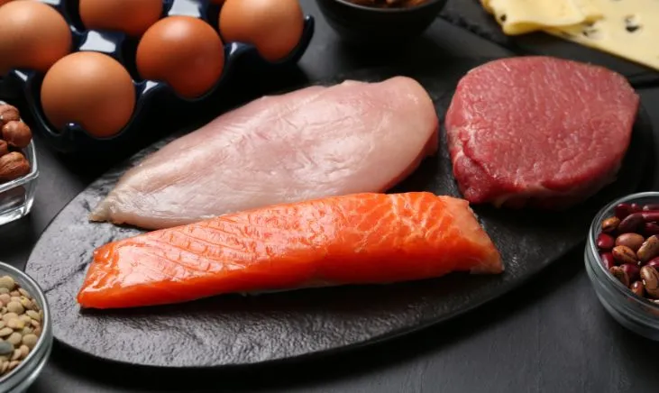 Assorted proteins: eggs, fish, and meat