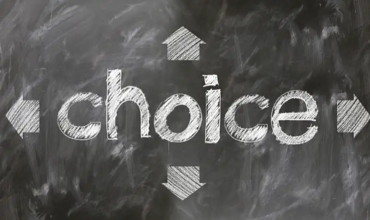 A high-contrast black and white image featuring the word "Choice" written in bold, stylized lettering, accompanied by arrows pointing in multiple directions, each symbolizing different options or paths to choose from. 
