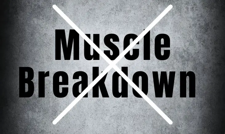 A black and white image with the text "Muscle Breakdown" prominently displayed. A bold white "X" is superimposed over the text, symbolizing prevention or avoidance of muscle breakdown.