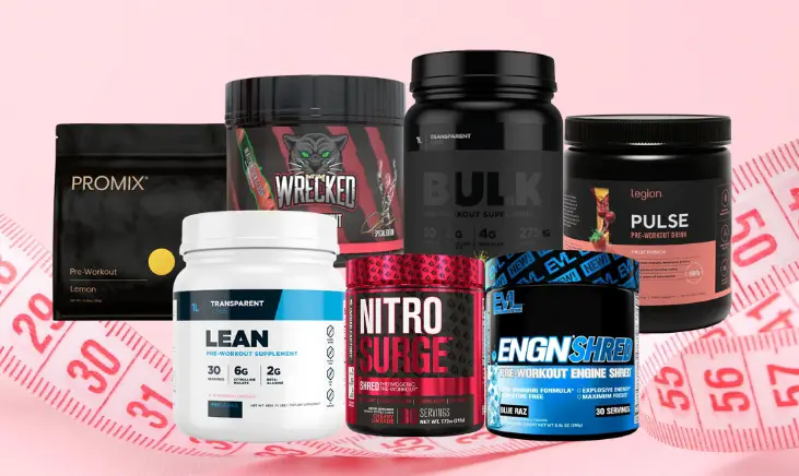 seven tubs of different pre-workout powders