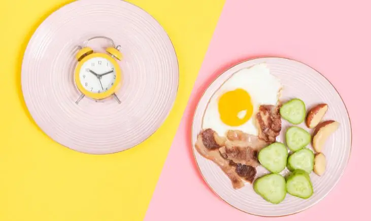 An image of two plates, one displaying a clock and the other with food