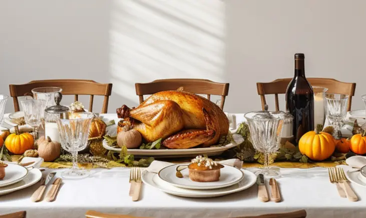 A Thanksgiving table setting with a large turkey in the center