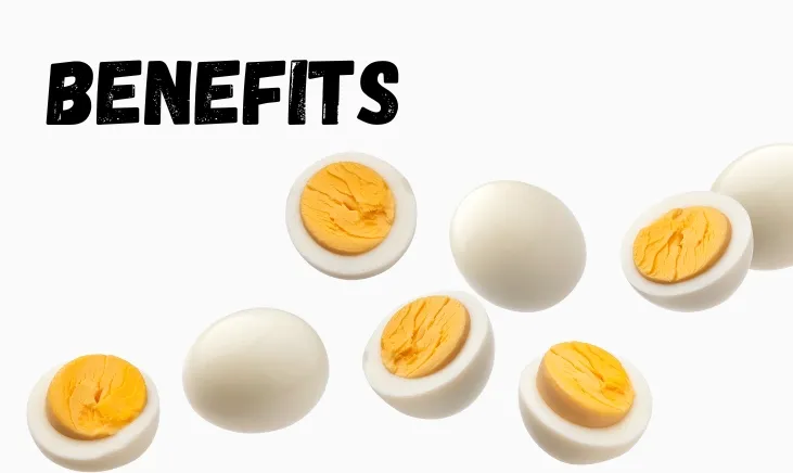 benefits written beside a healthy serving of boiled eggs