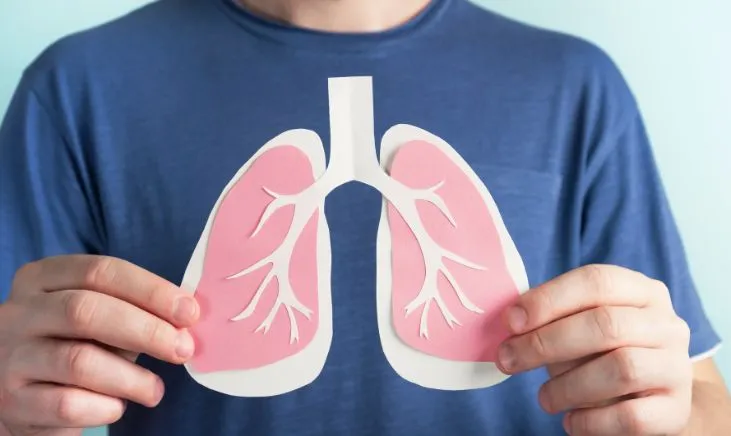 Person examining a lung health illustration
