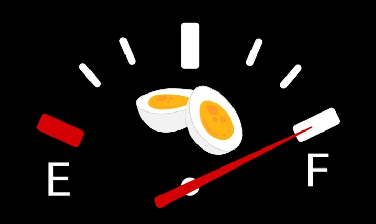 Boiled eggs share the frame with a fuel gauge