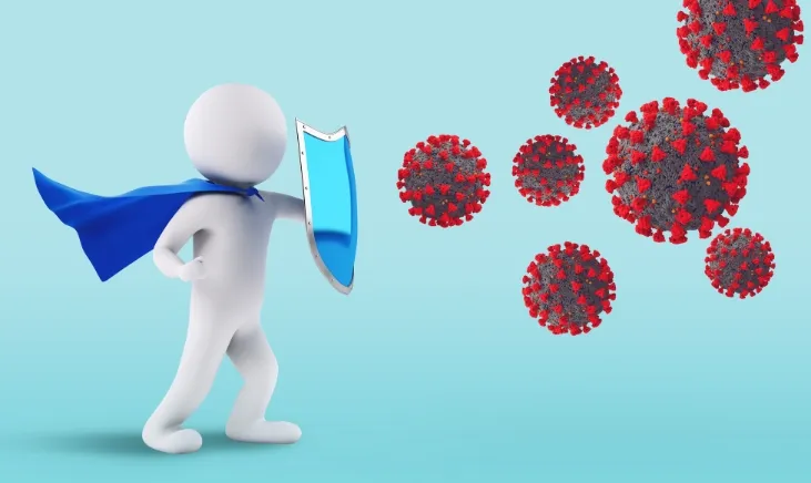 Human defender depicted with a shield in the battle against viruses