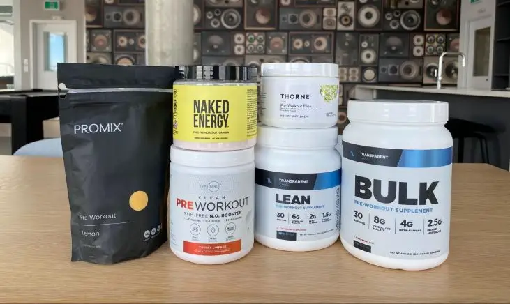 Assorted pre-workout supplements neatly arranged