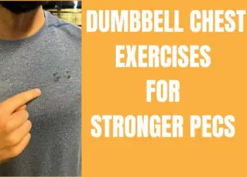 A man pointing to his chest with the text "DUMBBELL CHEST EXERCISES FOR STRONGER PECS" overlayed on it.