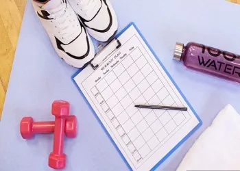 Fitness essentials featuring a workout plan sheet, plastic dumbbells, a water bottle, and sneakers arranged neatly